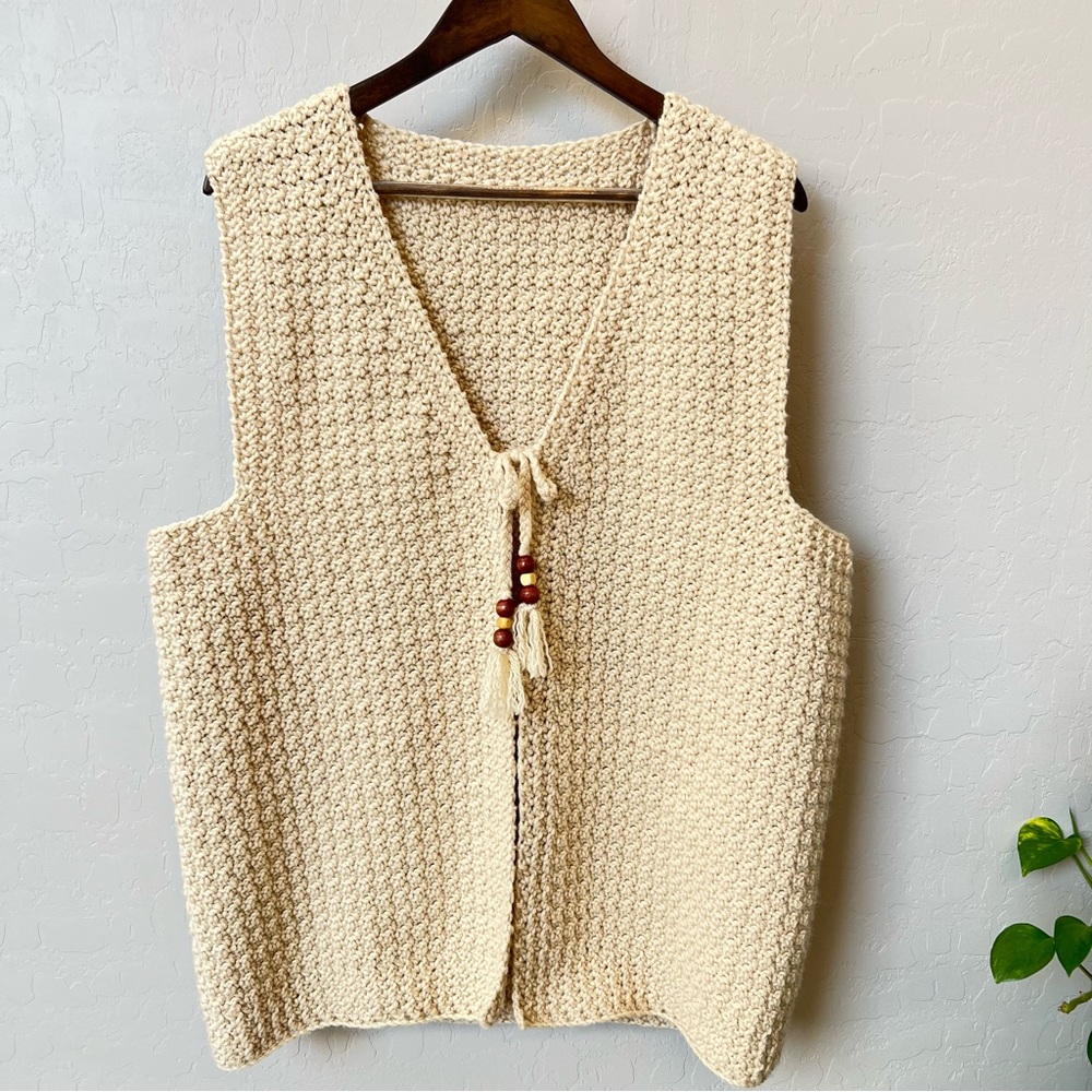 Hand Crocheted Vest, wool blend, tassled/wood beads tie closure, 70sVb, L/XL.
